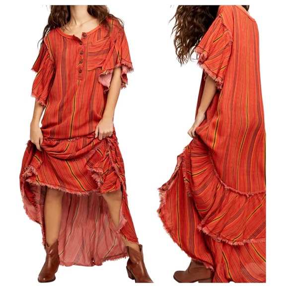 Free People Dresses & Skirts - FREE PEOPLE Better Days Red Combo Stripe Henley Maxi Ruffle Dress XS